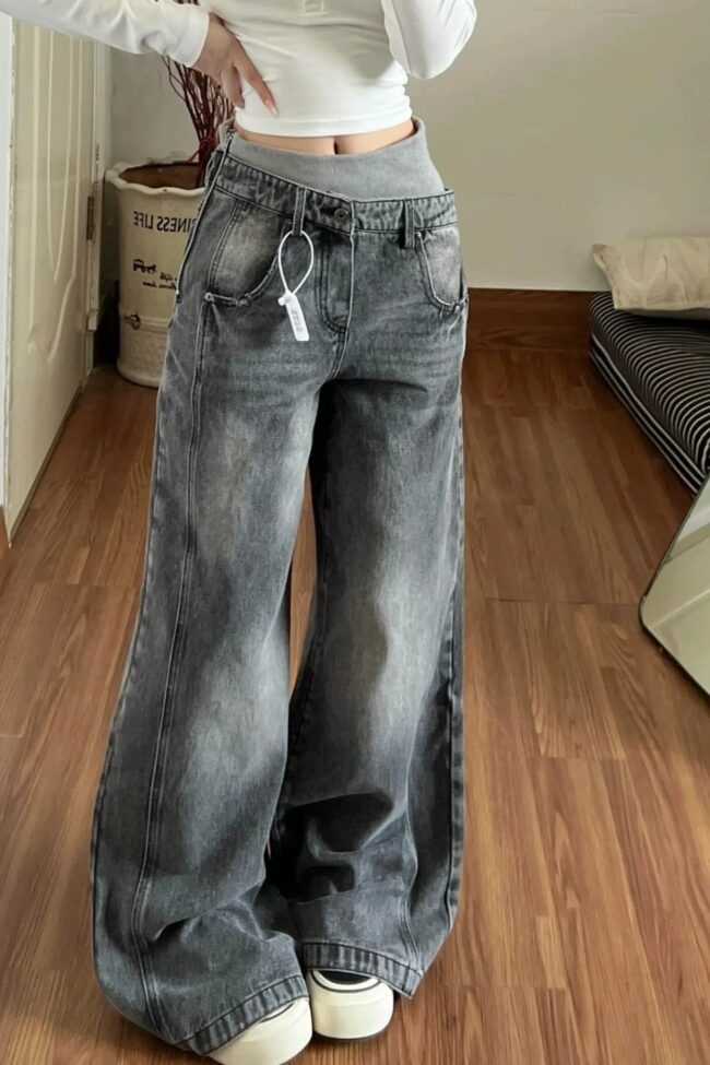 The Noemie Vintage Washed Double Waistband Wide Leg Jeans – La Rose Couture Trousers & Skirts