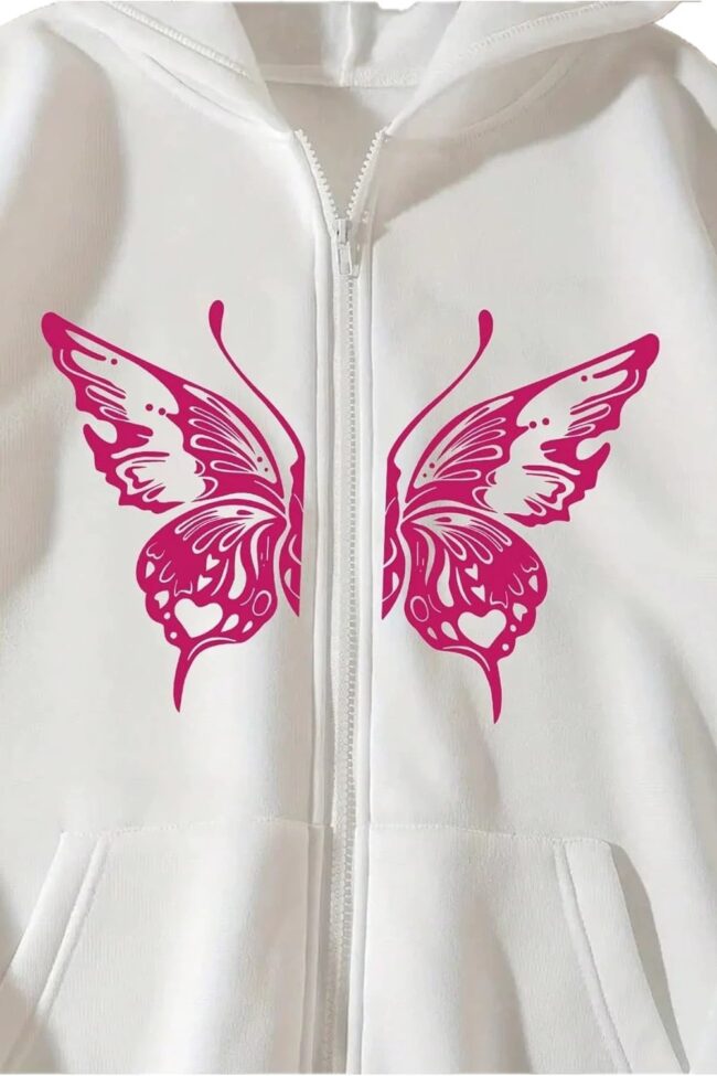 The Emmanuelle Y2k Zip Up Hoodie 3d Butterfly Print Long Sleeve Loose Fit Jacket Detail – La Rose Couture Tops & Blouses