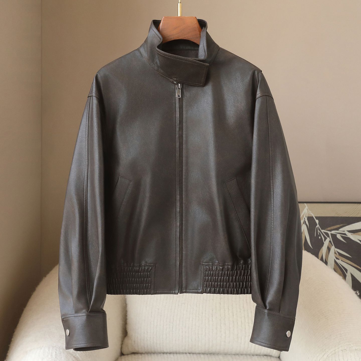 Women Stand Collar PU Leather Jacket - Image 2