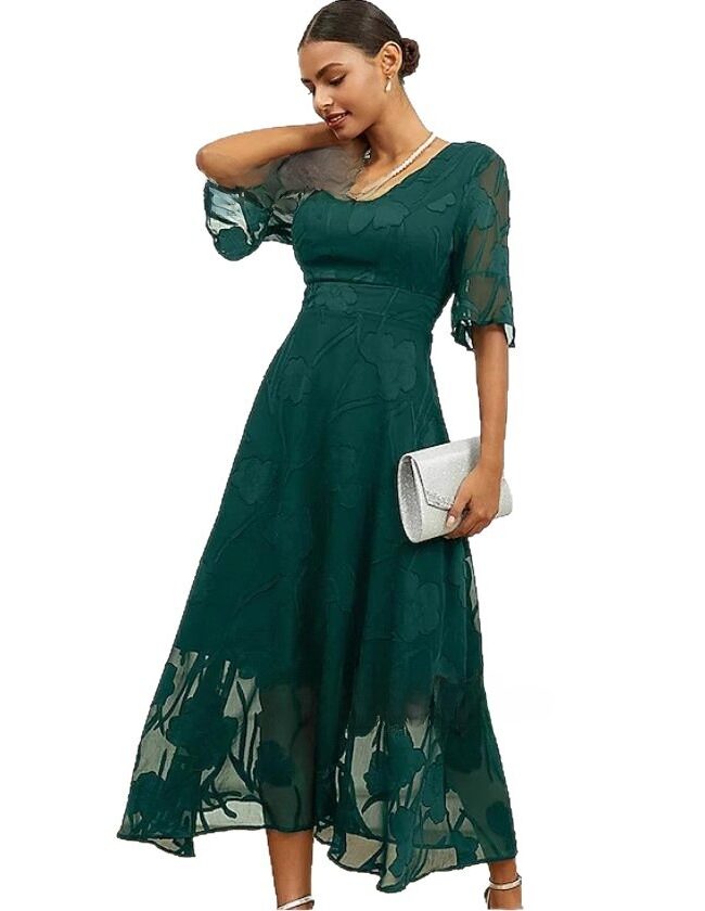 The Laure Elegant V Neck Jacquard a Line Midi Dress Detail – La Rose Couture Dresses & Gowns