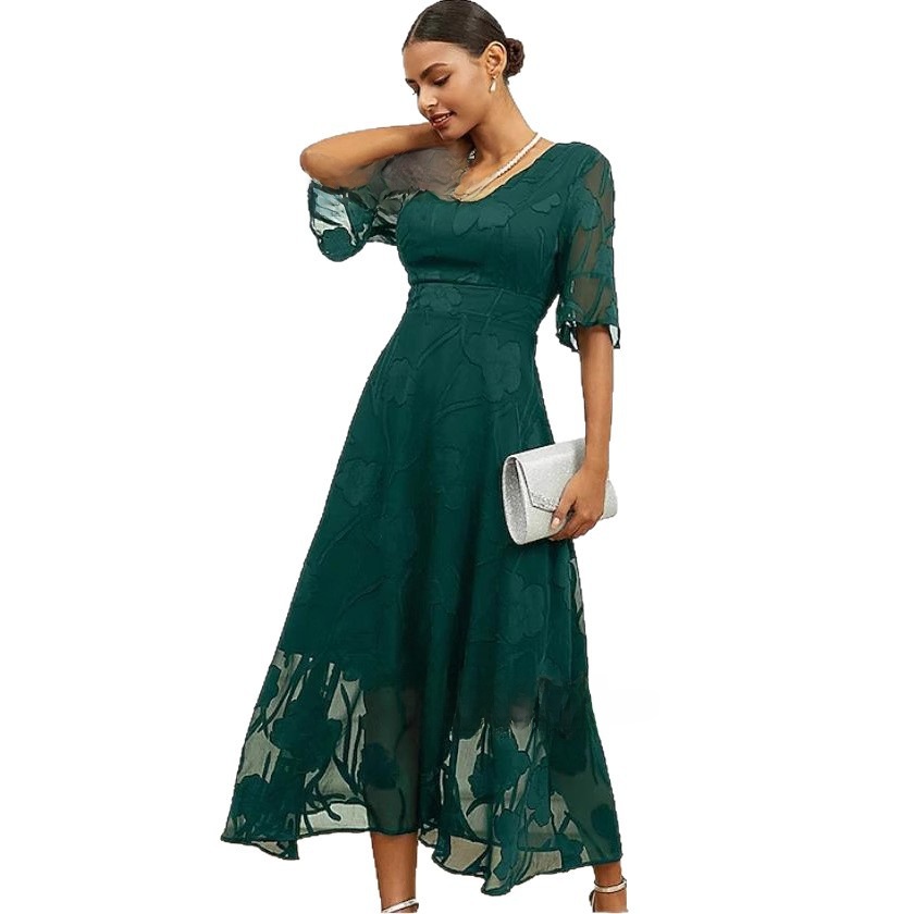 Womens Elegant V-Neck Jacquard A-Line Midi Dress - Image 2