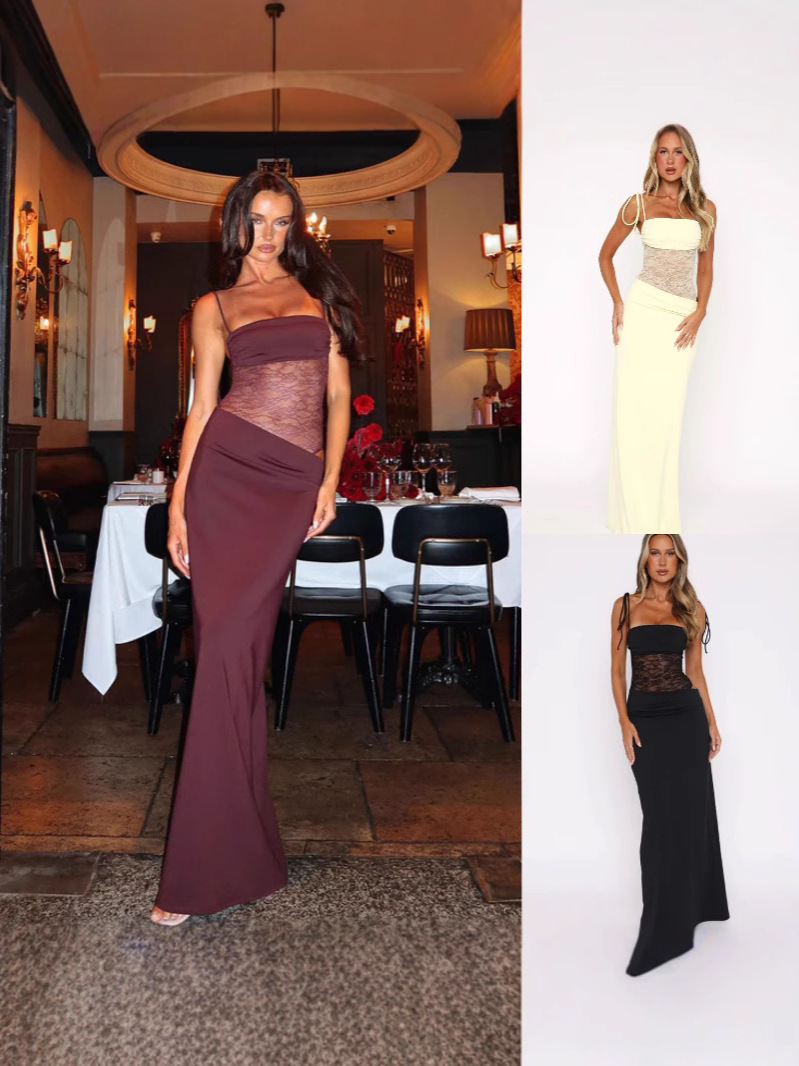 Womens Elegant Lace Stitching Halter Neck Dress - Image 3