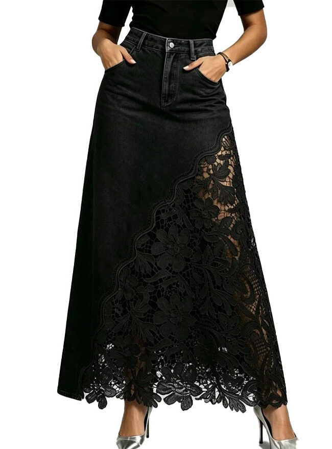 The Laure Washed Denim Lace Patchwork Long Bodycon Skirt Detail – La Rose Couture Trousers & Skirts