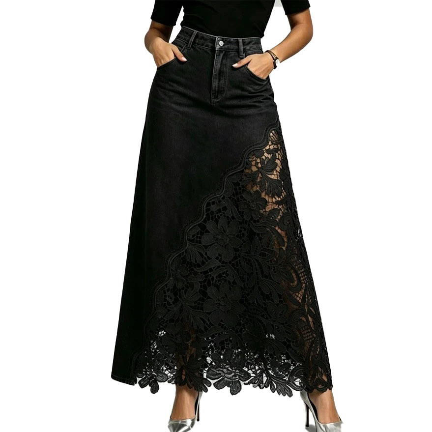Womens Washed Denim Lace Patchwork Long Bodycon Skirt - Image 5