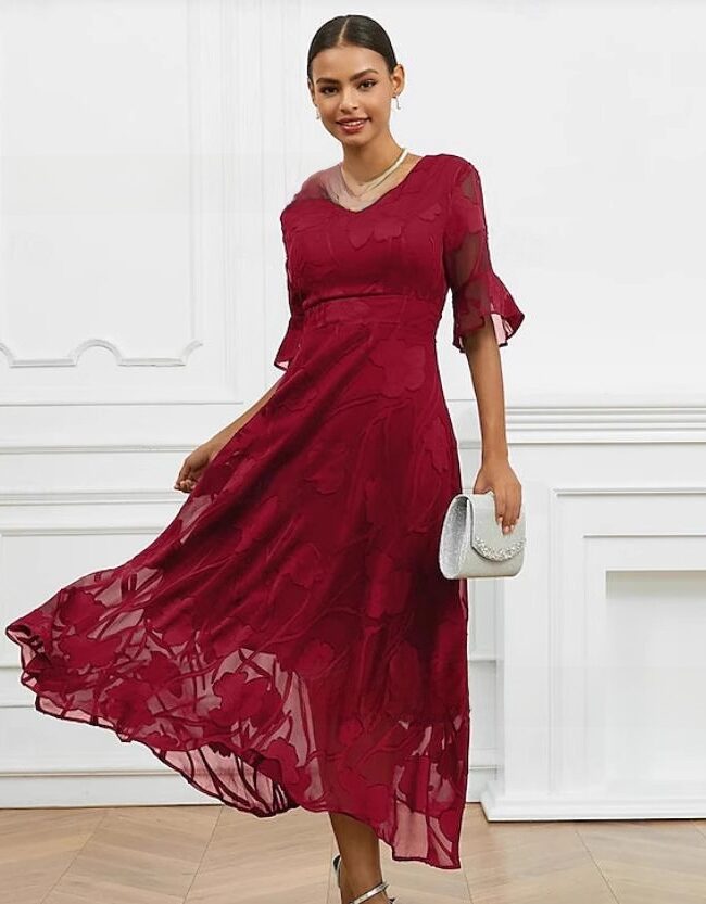 The Laure Elegant V Neck Jacquard a Line Midi Dress – La Rose Couture Dresses & Gowns