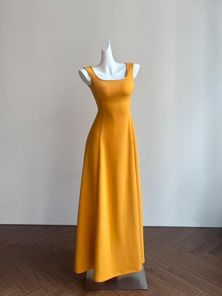Square Neck Strap Dress Slim Fit A-Line Long Dress