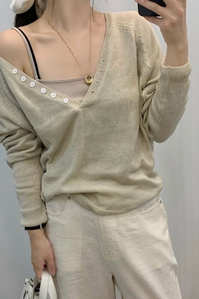 The Daphne Autumn V Neck Button Long Sleeve Knit Top Detail – La Rose Couture Tops & Blouses