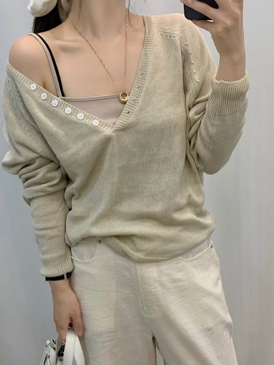 Women Autumn V-Neck Button Long-Sleeve Knit Top - Image 2