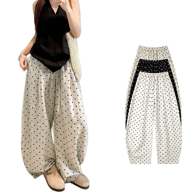 Linen Polka Dot Drawstring Wide Leg Pants - Image 2