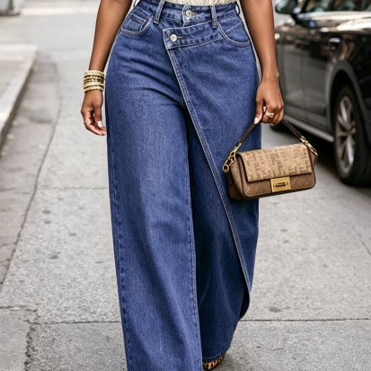 Stylish High Waisted Asymmetrical Buckle Wide Leg Pants - Image 2