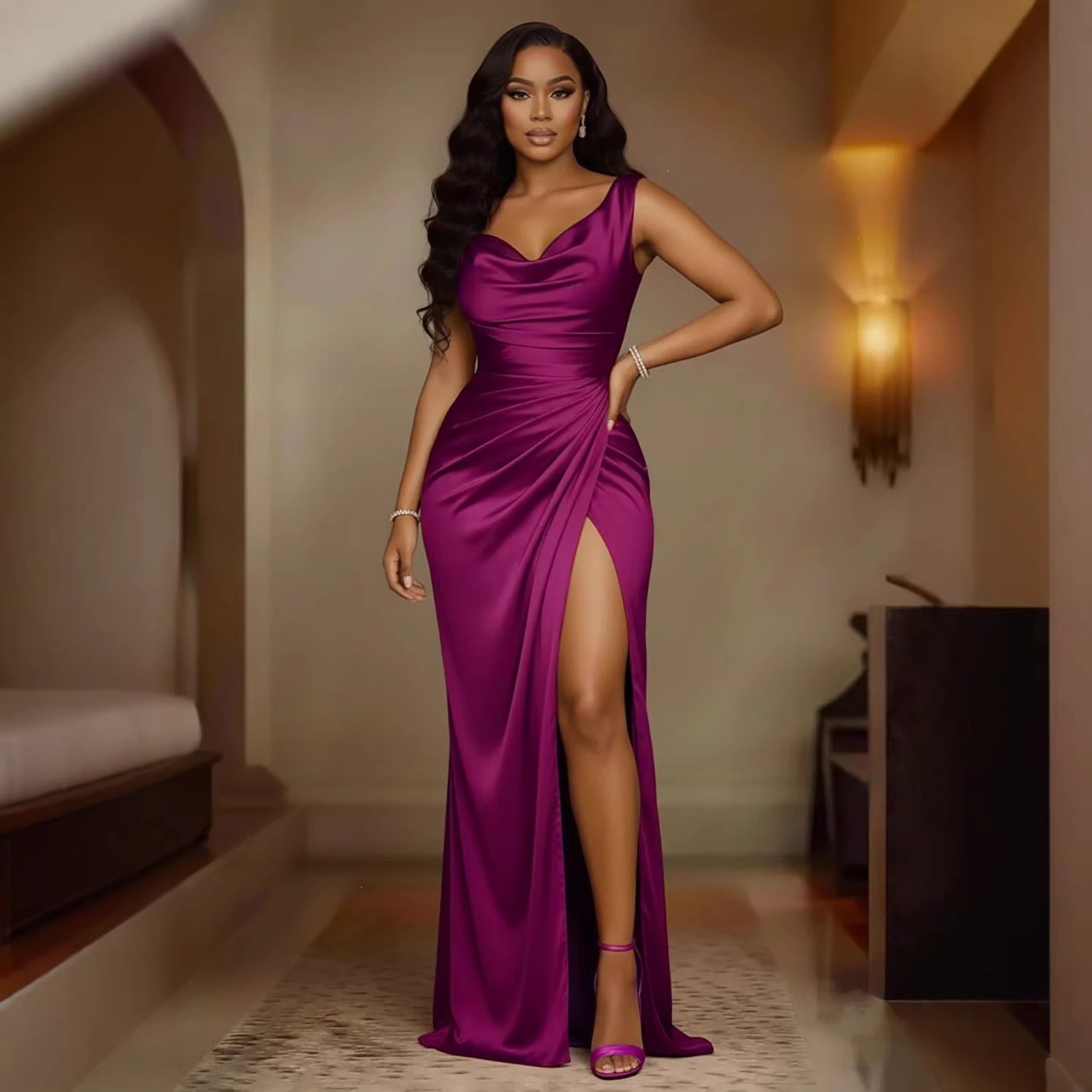 Womens Slim Fit Satin Solid Color Summer Dress - Image 4