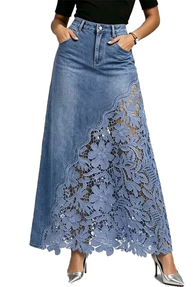 The Laure Washed Denim Lace Patchwork Long Bodycon Skirt Detail – La Rose Couture Trousers & Skirts
