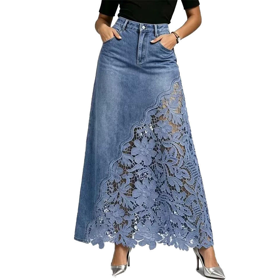 Womens Washed Denim Lace Patchwork Long Bodycon Skirt - Image 2