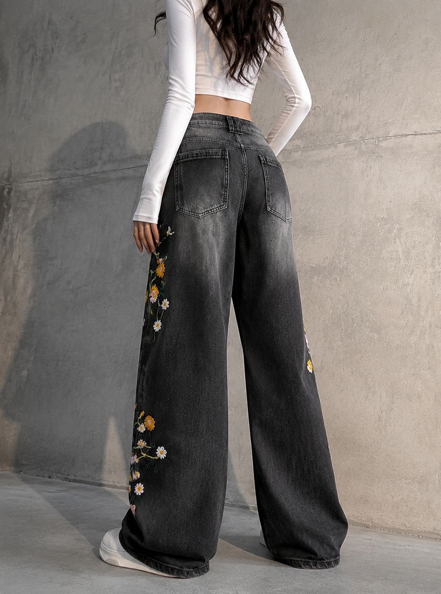 Floral Embroidered Wide Leg Pants - Image 2