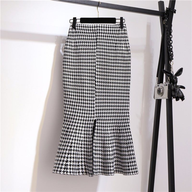 Women Pencil Skirt Midi Length Plaid Fishtail - Image 2