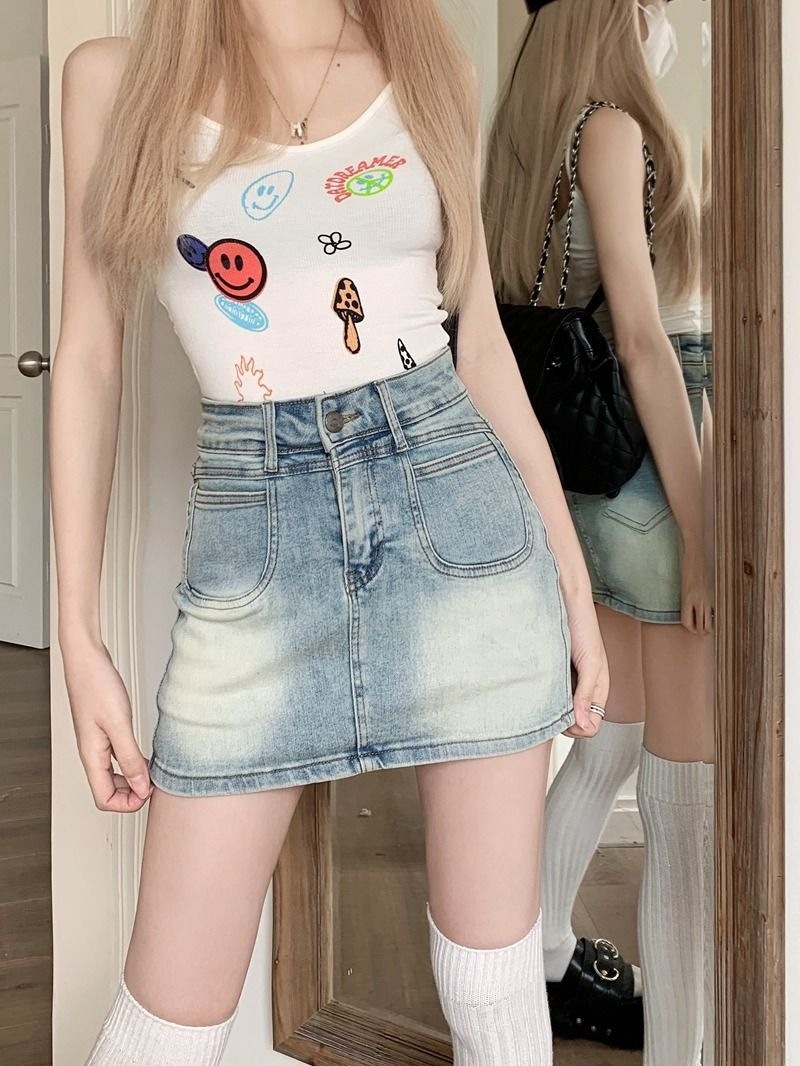 Vintage Stretch Denim Skirt High Waisted Bodycon - Image 2