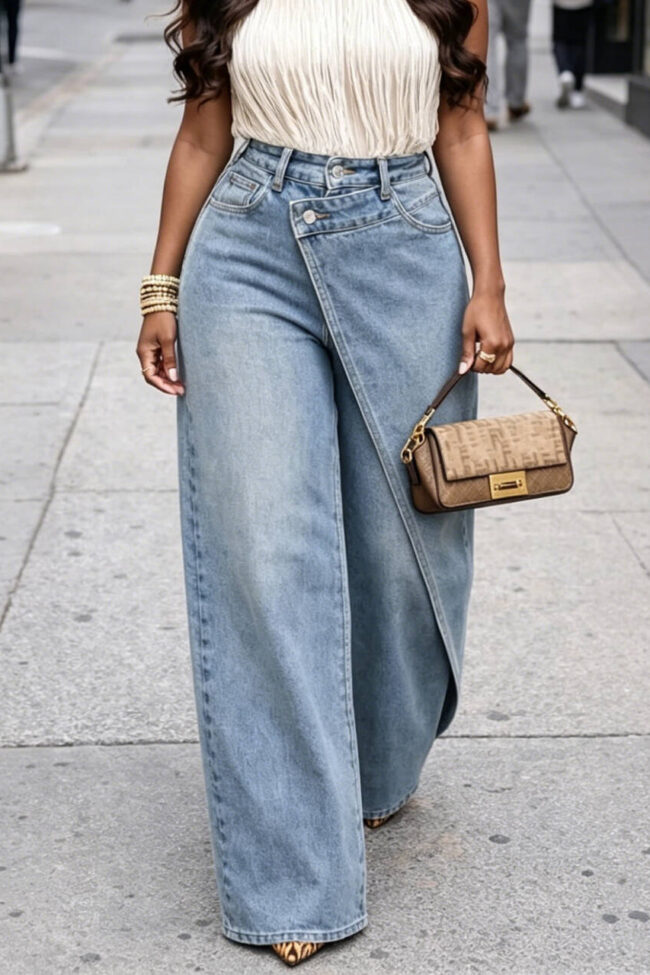 The Valerie Stylish High Waisted Asymmetrical Buckle Wide Leg Pants Detail – La Rose Couture Trousers & Skirts