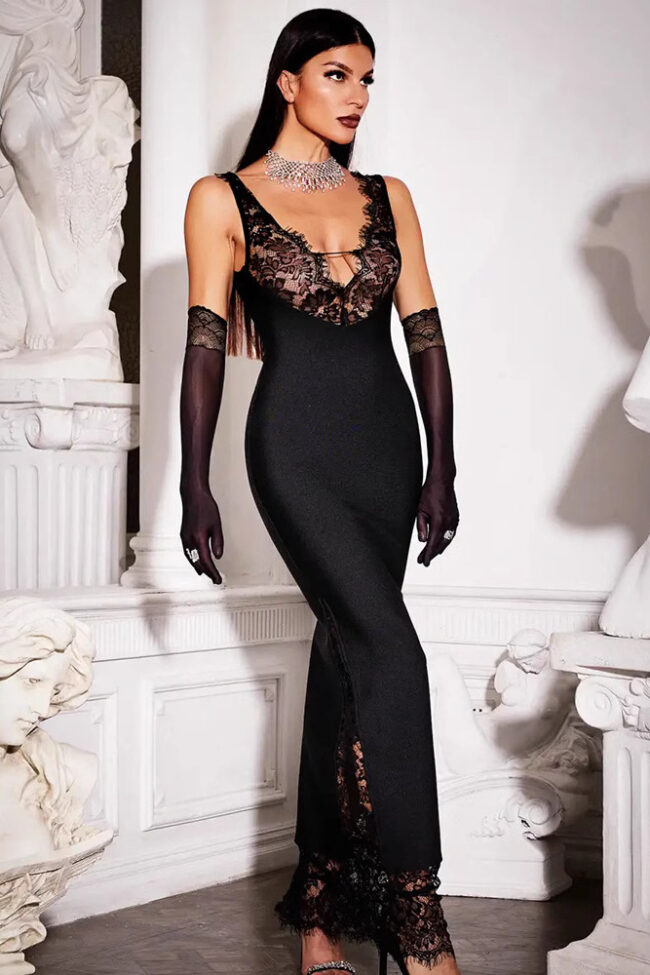 The Justine Sleeveless Strap V Neck Lace Stitching Elegant Dress Detail – La Rose Couture Dresses & Gowns