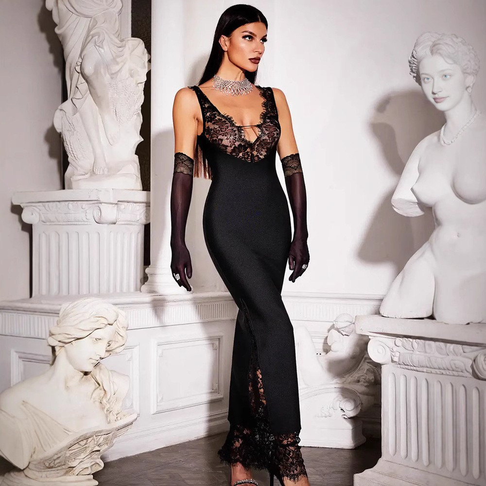 Sleeveless Strap V-Neck Lace Stitching Elegant Dress - Image 3