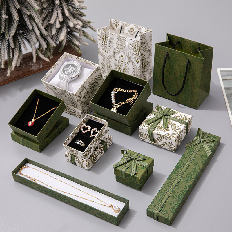 Retro Light Luxury Printed Paper Jewelry Gift Box with Bow for Necklace Ring - Image 5