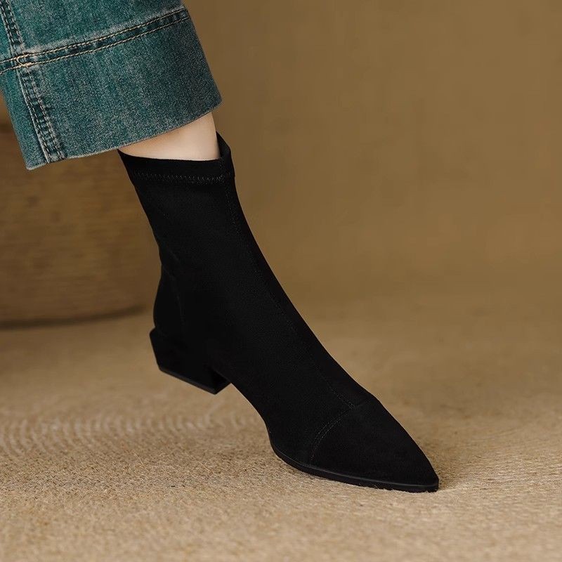 Flat French Point Toe Boots Thick Heeled - Image 2
