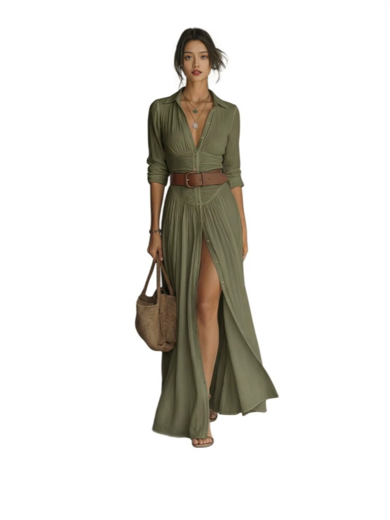 Womens Collared Shirt Dress with Belt - Image 3