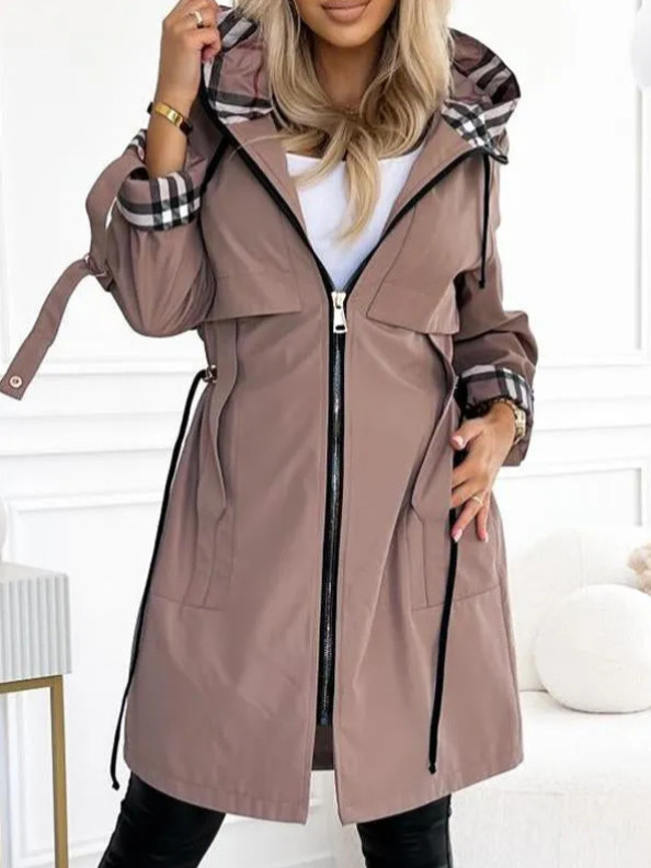 Women's Hooded Plaid Printed Windbreaker Coat - Image 3