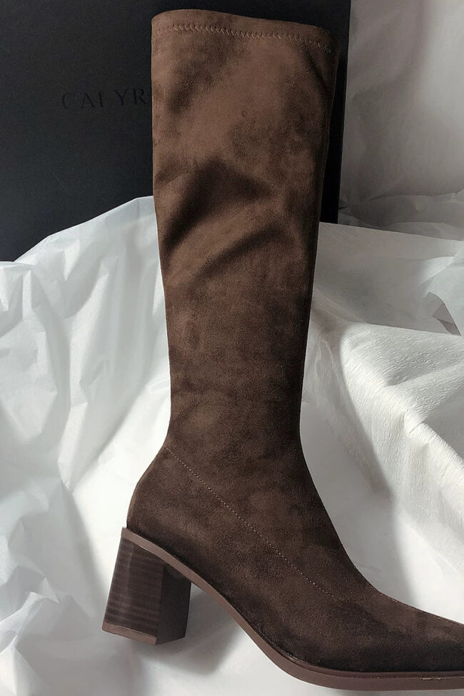 The Fleur Suede Chunky Heel Pointed Toe Long Boots Detail – La Rose Couture Shoes & Footwear