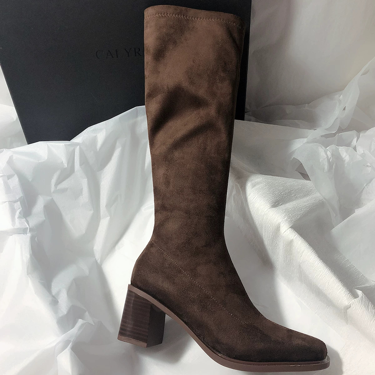 Womens Suede Chunky Heel Pointed Toe Long Boots - Image 2