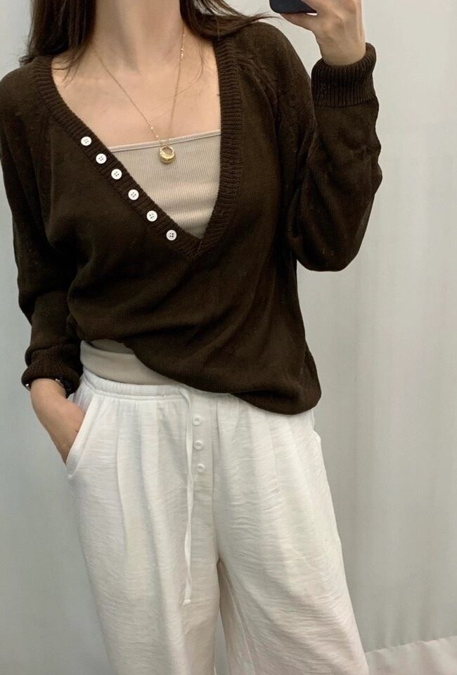 The Daphne Autumn V Neck Button Long Sleeve Knit Top Detail – La Rose Couture Tops & Blouses