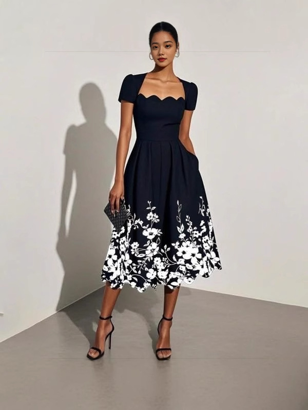 Womens Square Neck Digital Print Dress