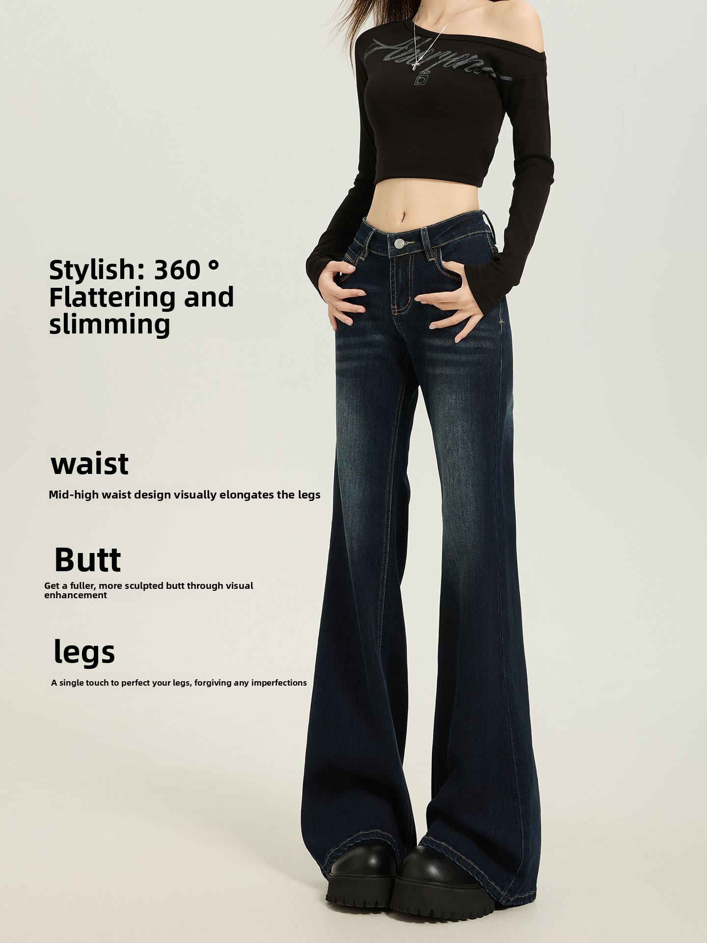 American Style Dark Blue Low Waist Flared Jeans for Women Slim Fit - Image 2