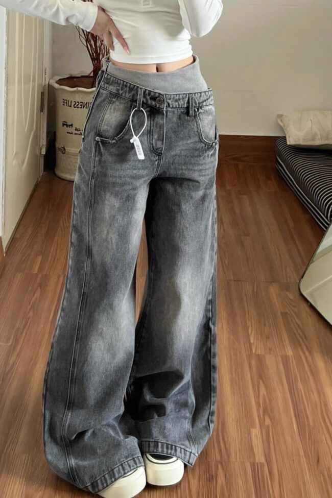 The Noemie Vintage Washed Double Waistband Wide Leg Jeans Detail – La Rose Couture Trousers & Skirts