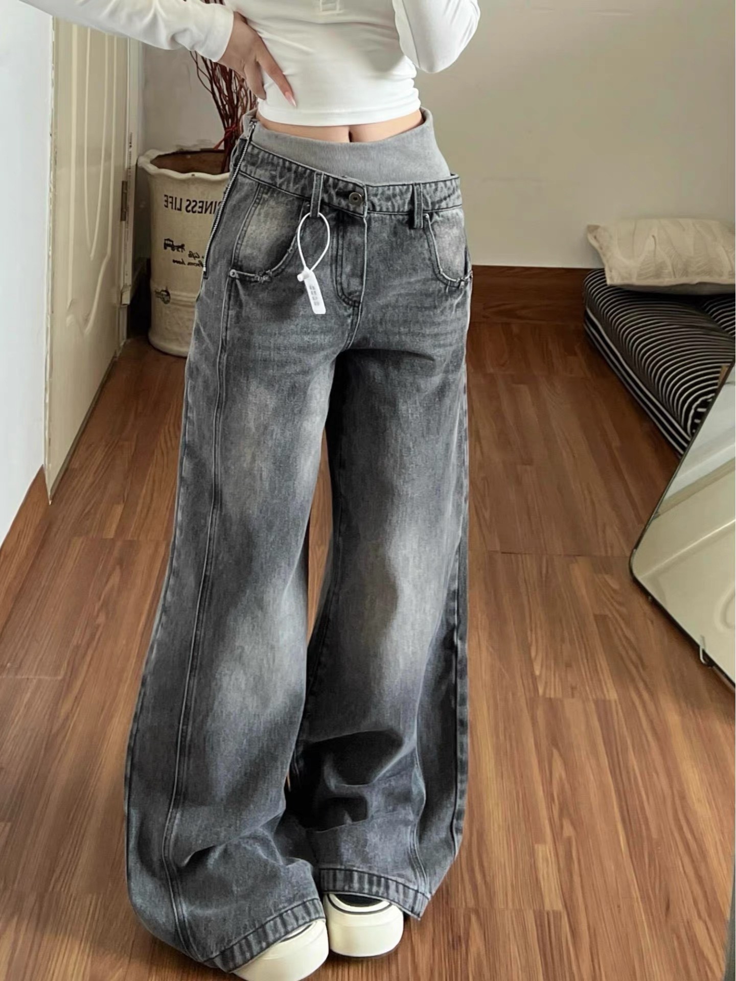 Vintage Washed Double-Waistband Wide-Leg Women's Jeans - Image 5
