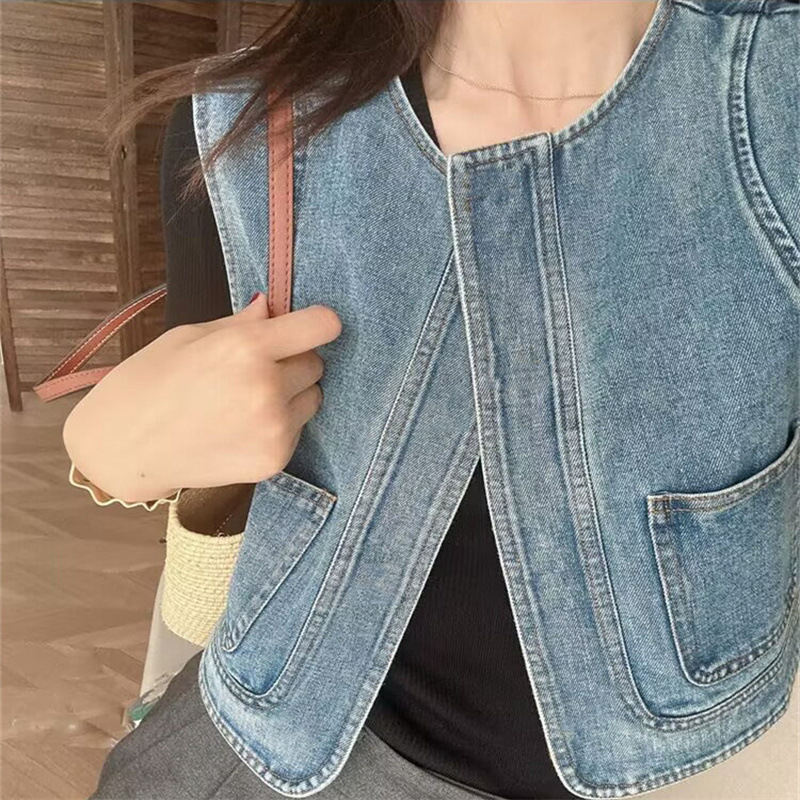 Women Vintage Korean Style Sleeveless Denim Blue Outerwear Vest