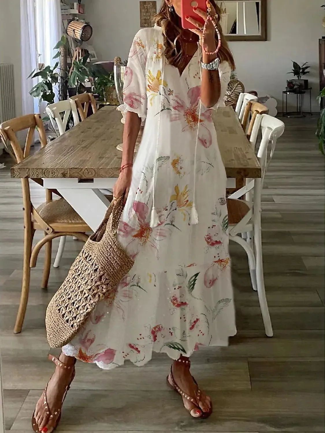Women V-Neck Printed Fringe Bell Sleeve Loose Maxi Dress - Image 3