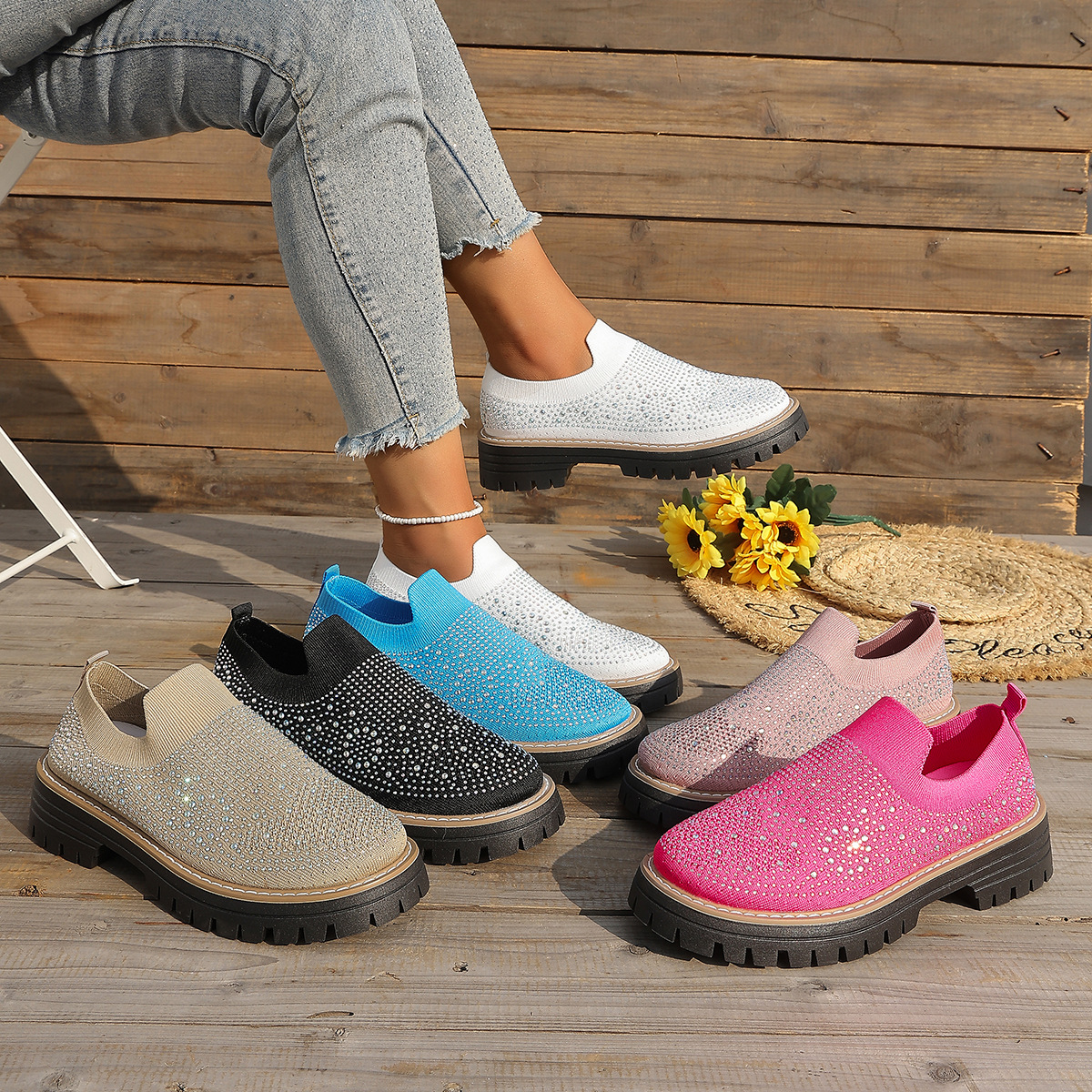 Rhinestone Platform Slip On Shoes