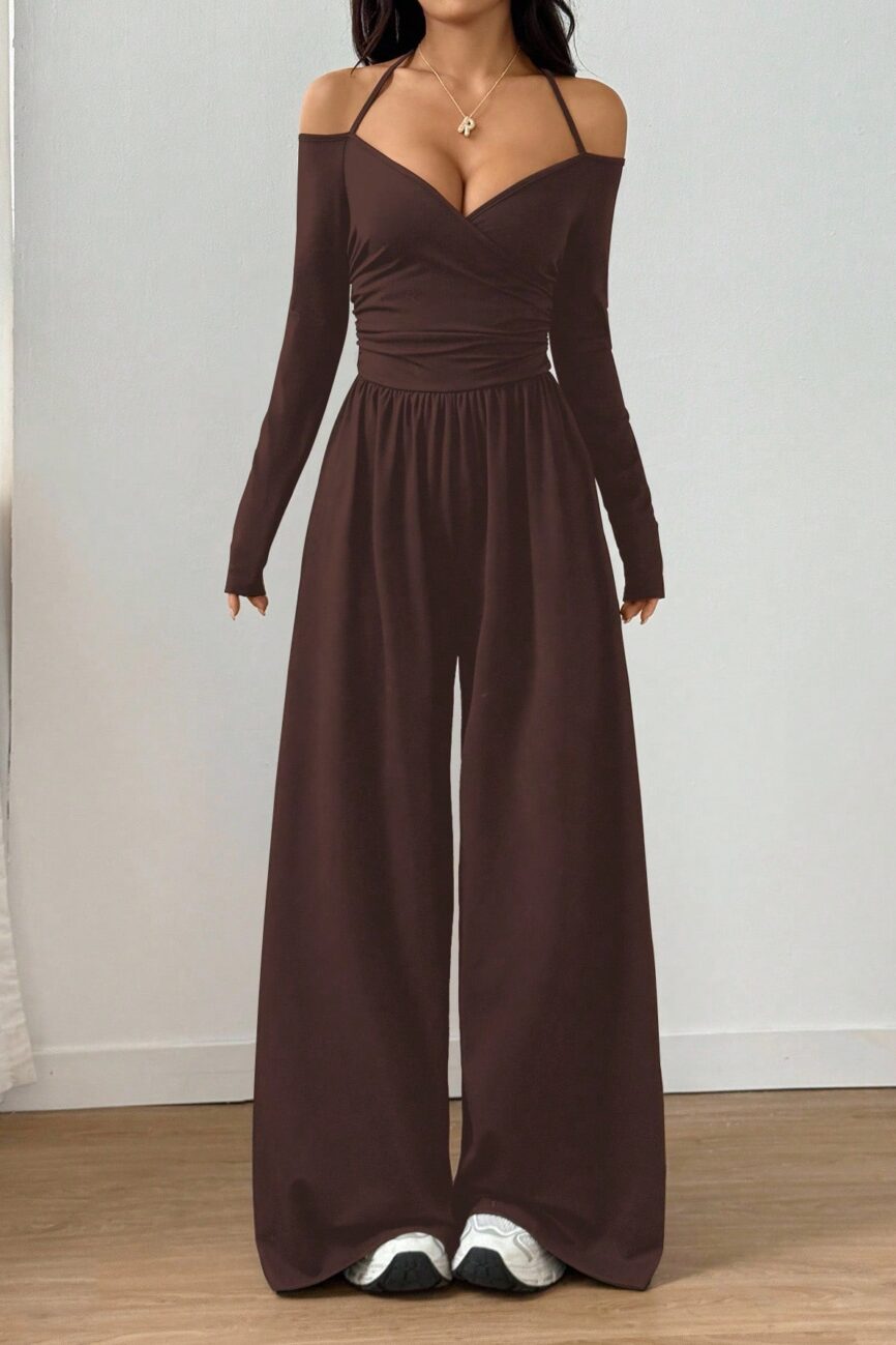 The Nadege Halter V Neck Long Sleeve Wide Leg Jumpsuit Detail – La Rose Couture Dresses & Gowns