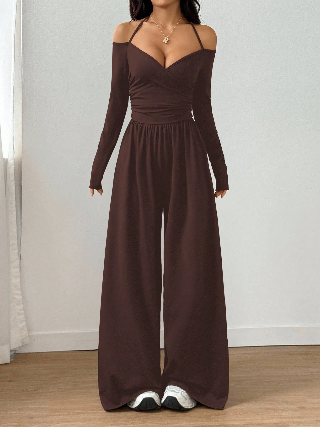Women's Halter V-Neck Long Sleeve Wide Leg Jumpsuit - Image 5
