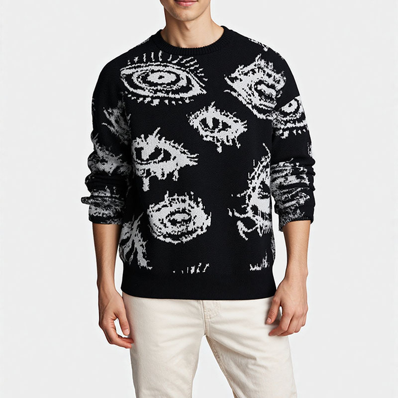 Men's Jacquard Eye Pattern Round Neck Long Sleeve Loose Knit Pullover