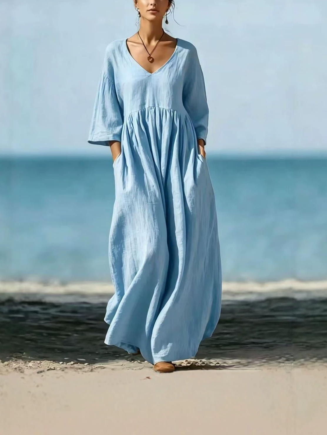 V-Neck Half-Sleeve Casual Loose Long Cotton-Linen Blend Dress - Image 3