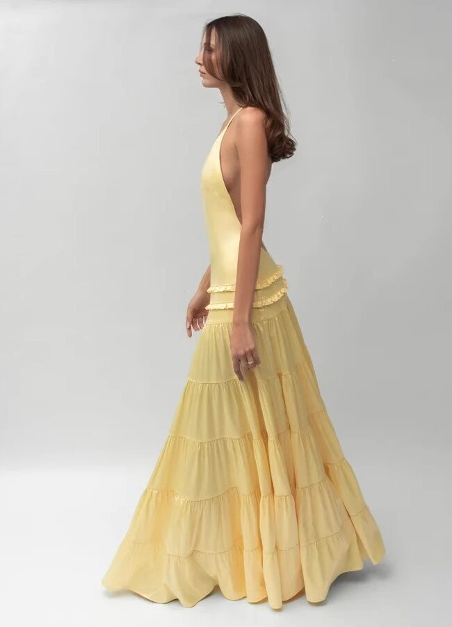 The Nina One Shoulder Backless Ruffled Long Dress Detail – La Rose Couture Dresses & Gowns