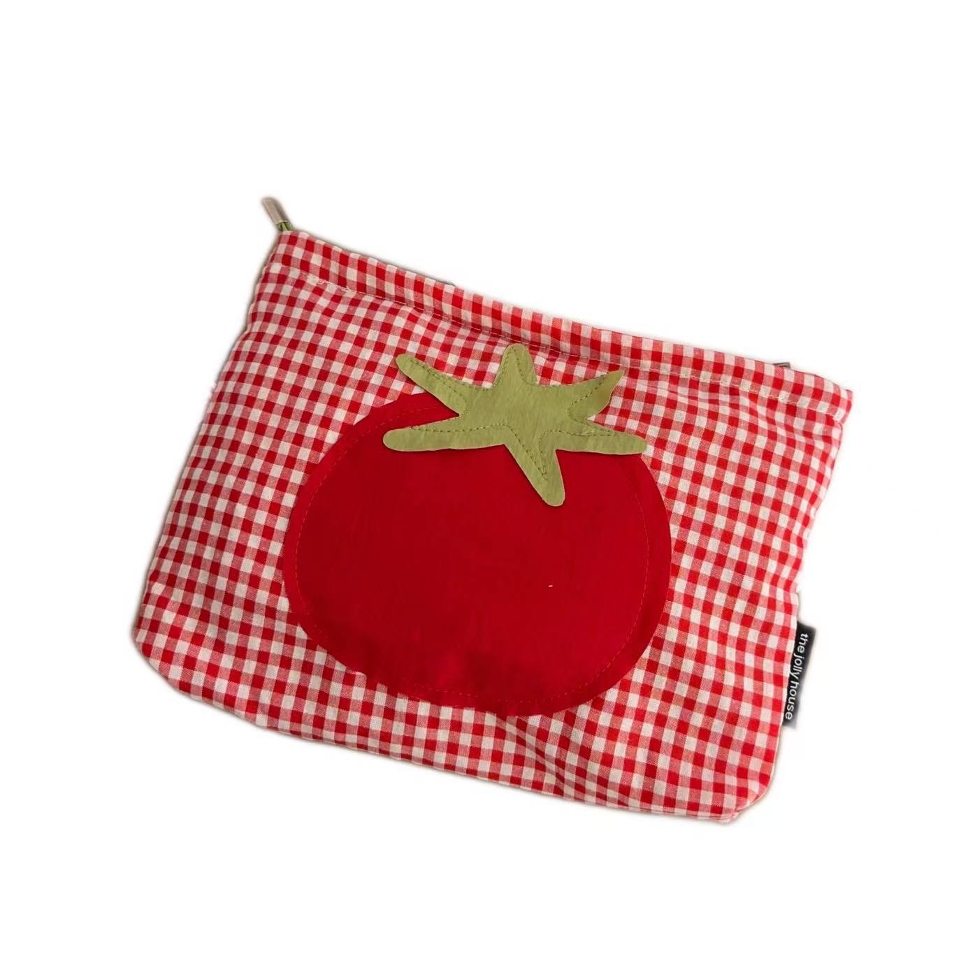 Cute Red Grid Tomato Cosmetic Bag Large Capacity Portable Hand Held Toiletry Bag - Image 3