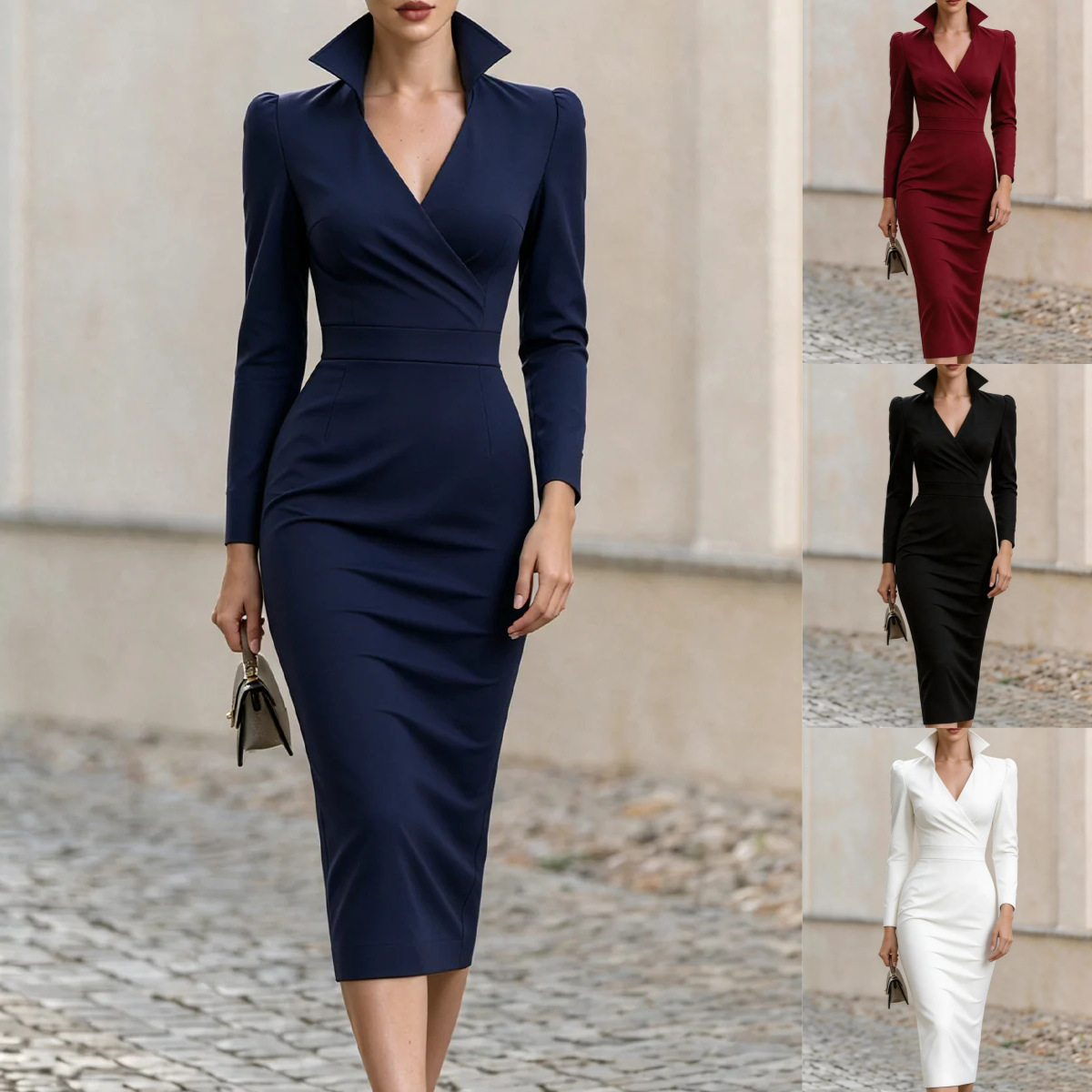 Women's Stand Collar V-Neck Long Sleeve Bodycon Midi Dress