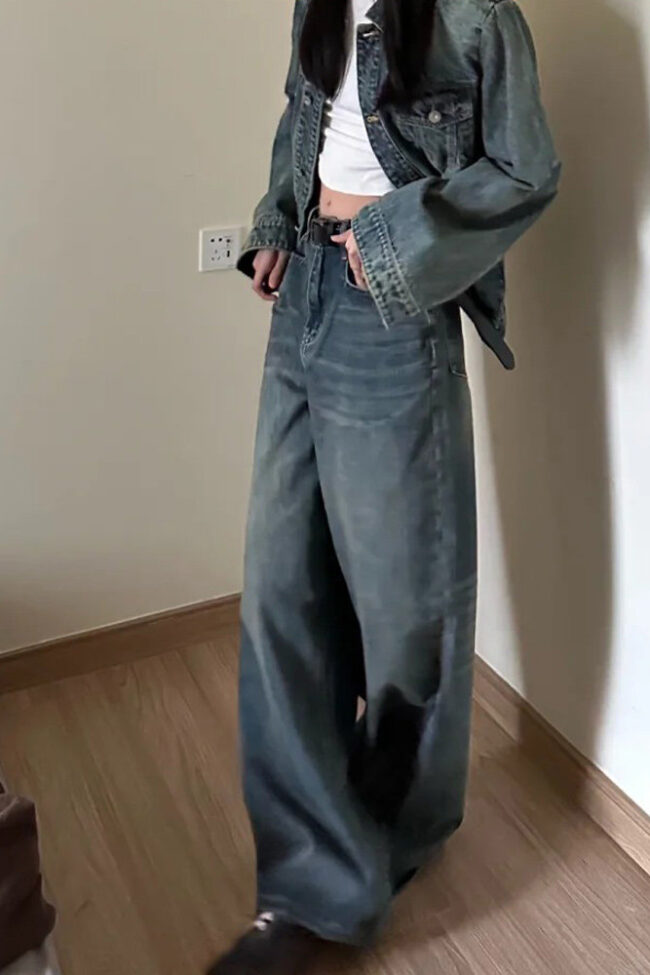The Colette Vintage Blue Loose Wide Leg Denim Pants for Summer Thin Casual Straight Trousers Detail – La Rose Couture Trousers & Skirts