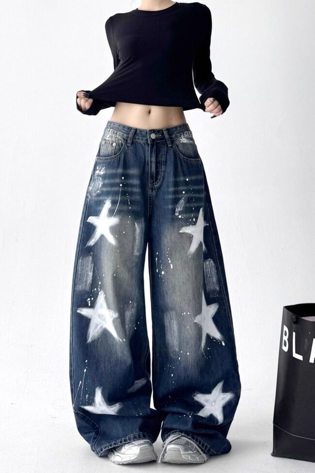 The Oceane Retro Star Graffiti Wide Leg Jeans Detail – La Rose Couture Trousers & Skirts