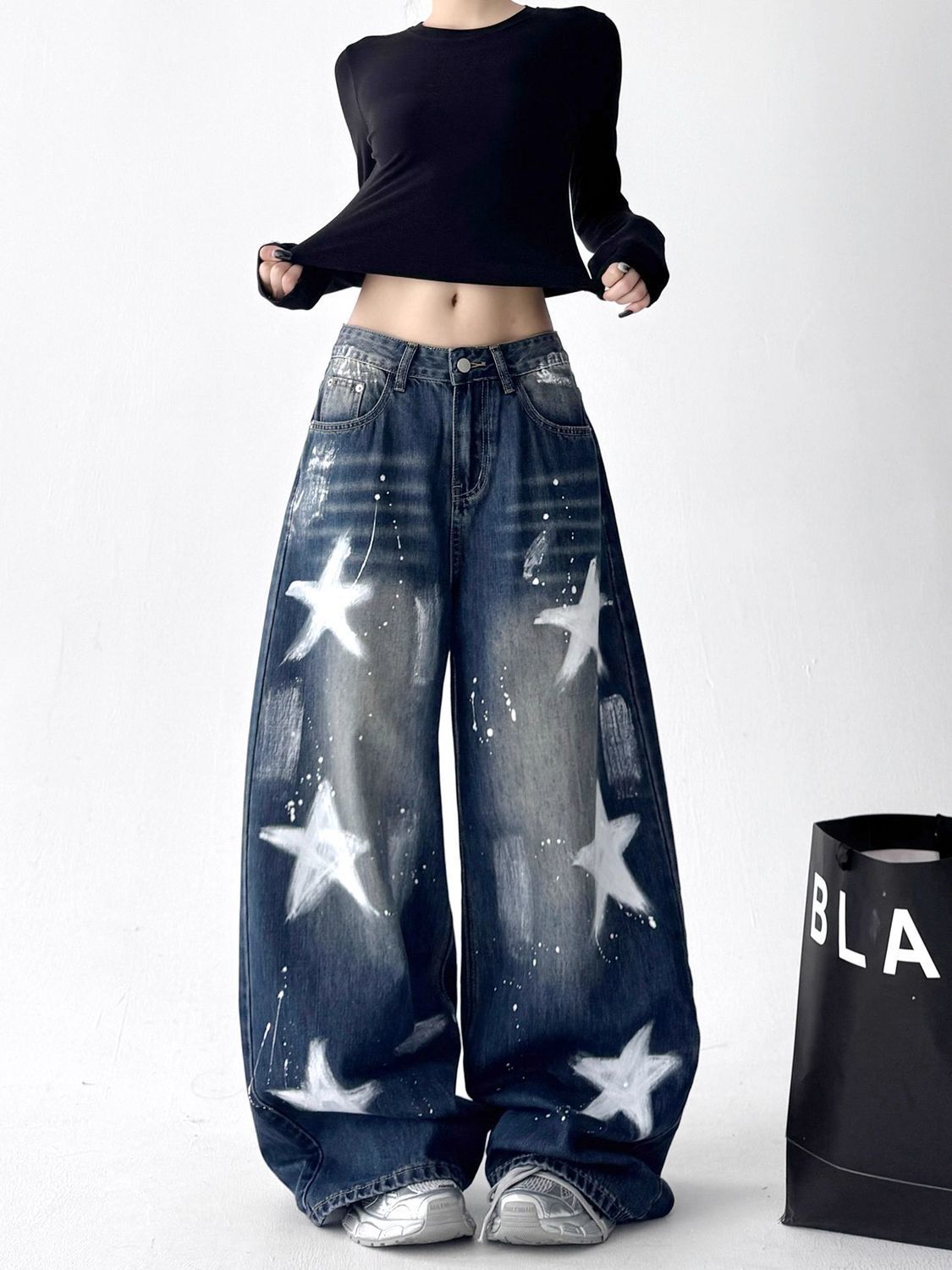 Retro Star Graffiti Wide Leg Jeans - Image 4