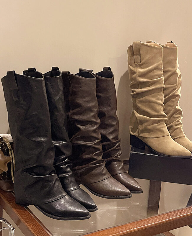 The Justine Pointed Toe Low Heel Suede Long Tube Boots Khaki Black Brown Detail – La Rose Couture Shoes & Footwear