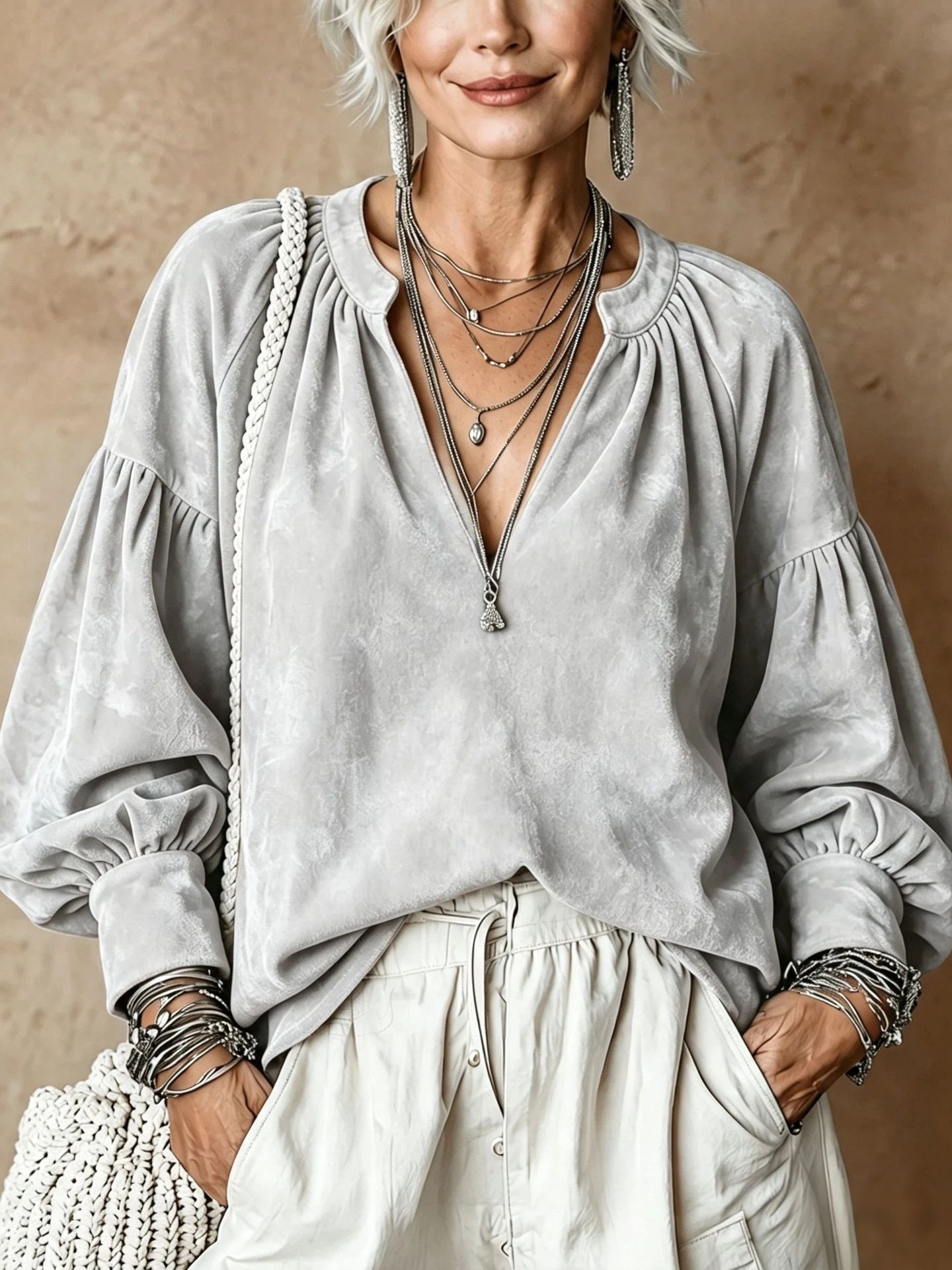 Women's Retro Ruched V-Neck Suede Loose Top - Image 3