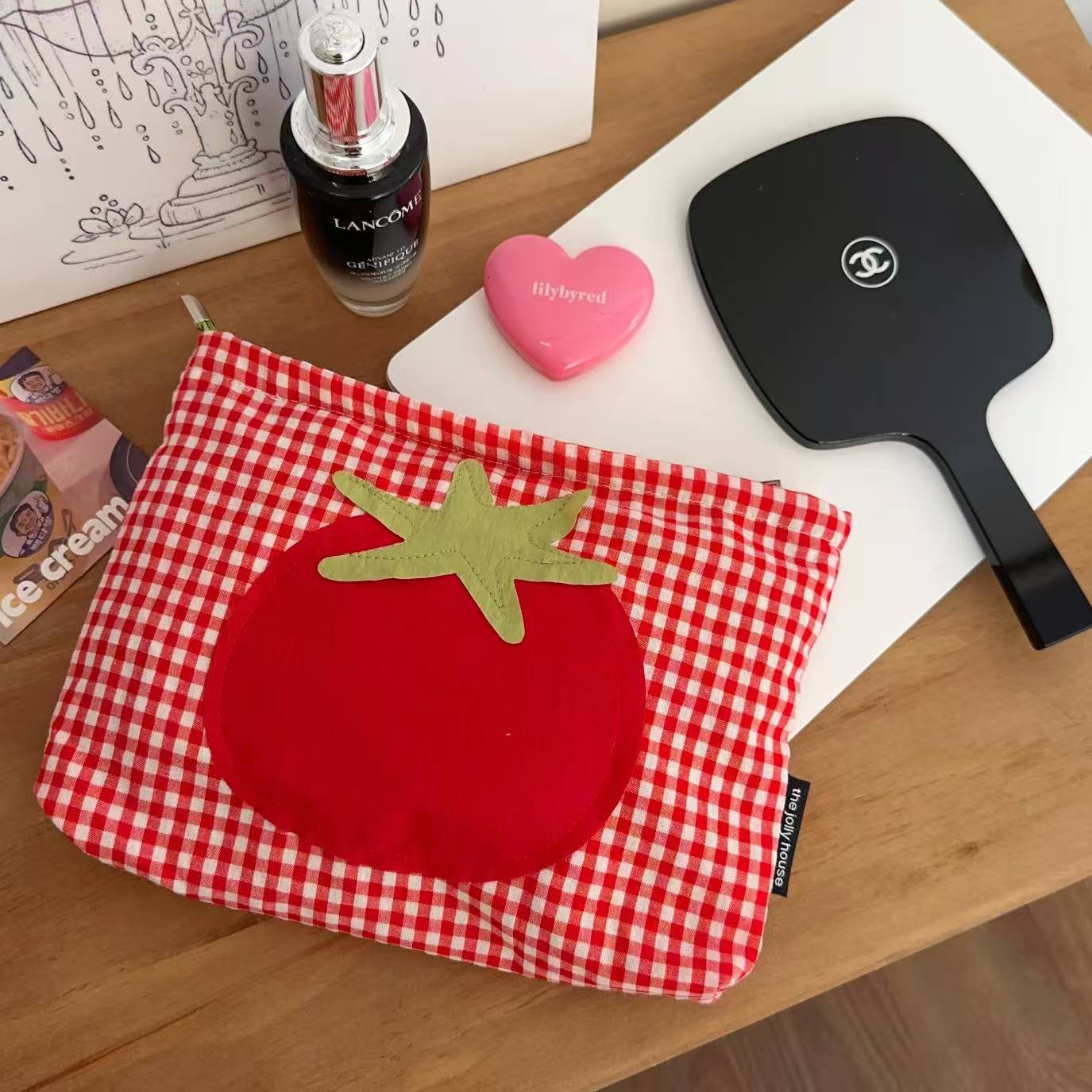 Cute Red Grid Tomato Cosmetic Bag Large Capacity Portable Hand Held Toiletry Bag - Image 5
